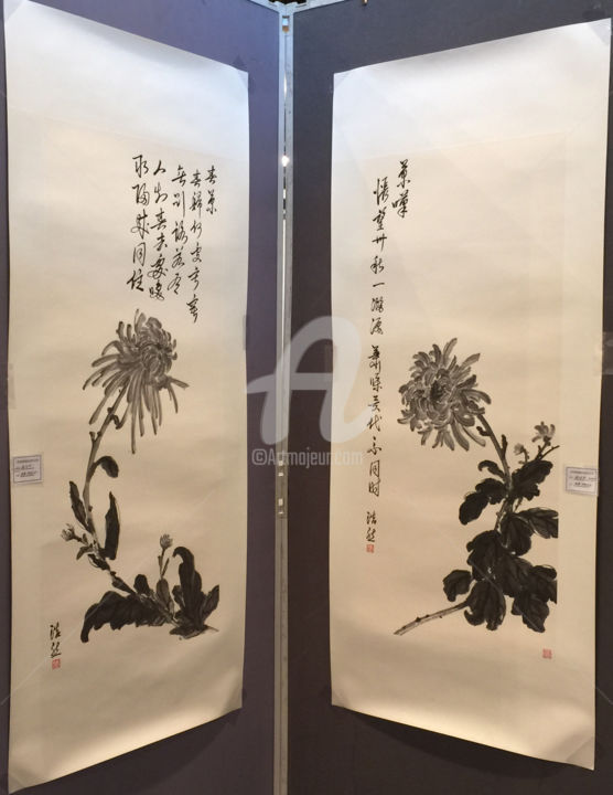 Peinture intitulée "Autumn Chrysanthemum" par Mackintosh Cheung, Œuvre d'art originale, Encre