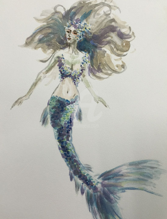 Peinture intitulée "Mermaid" par Mackintosh Cheung, Œuvre d'art originale, Aquarelle