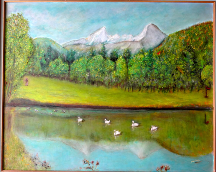 Painting titled "lac-aux-cygnes-pres…" by Maclade, Original Artwork, Oil