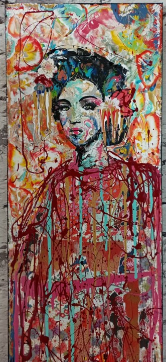 Painting titled "Femme geisha1" by Mad, Original Artwork, Acrylic