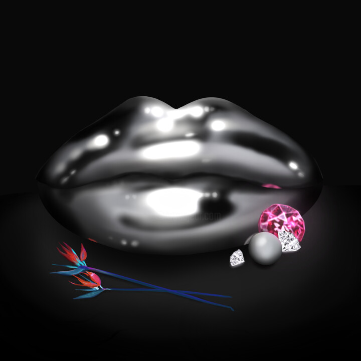 Digital Arts titled "Platinum Lips" by Mad Lips 21, Original Artwork, 2D Digital Work Mounted on Wood Stretcher frame