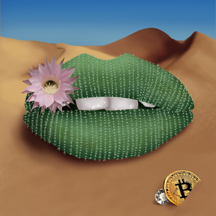 Digital Arts titled "Cactus Lips" by Mad Lips 21, Original Artwork, 2D Digital Work Mounted on Wood Stretcher frame