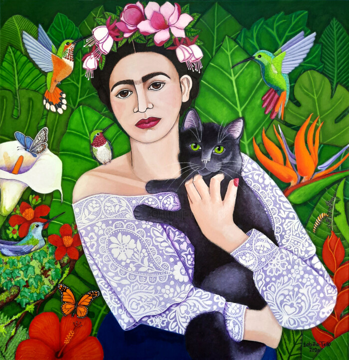 Painting titled "Frida con gato negro" by Madalena Lobao-Tello, Original Artwork, Acrylic