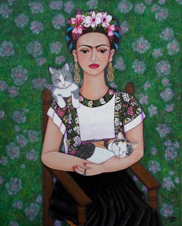 Pittura intitolato "Frida cat lover" da Madalena Lobao-Tello, Opera d'arte originale, Acrilico