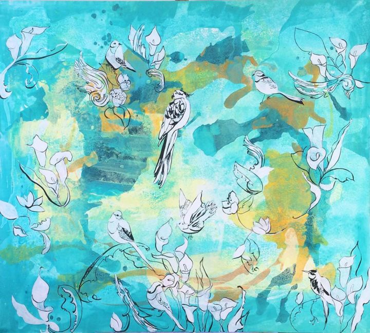 Painting titled "Garden of Birds" by Madara Lazdiņa, Original Artwork, Acrylic