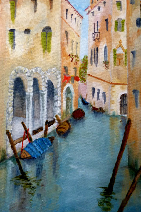 Painting titled "Boats in a Venetian…" by Maddalena Pacini, Original Artwork, Oil Mounted on Wood Panel
