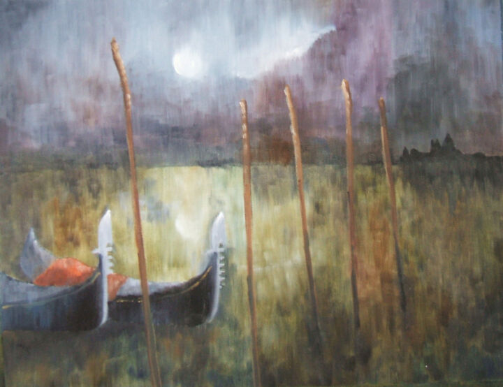 Painting titled "Gondolas in the Moo…" by Maddalena Pacini, Original Artwork, Oil