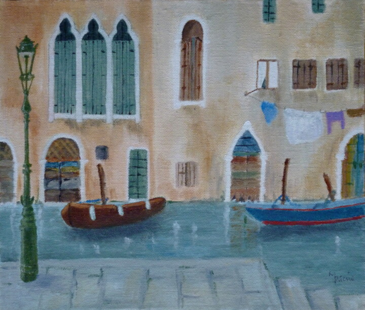 Painting titled "Canal behind the Fr…" by Maddalena Pacini, Original Artwork, Oil Mounted on Wood Panel