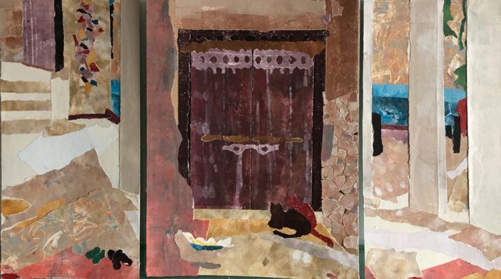 Colagens intitulada "Triptiek with door" por Madeleine Van Drunen, Obras de arte originais, Colagens