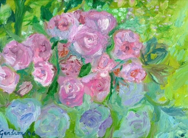 Malerei mit dem Titel "Roses roses et bleu…" von Madeleine Gendron, Original-Kunstwerk, Öl