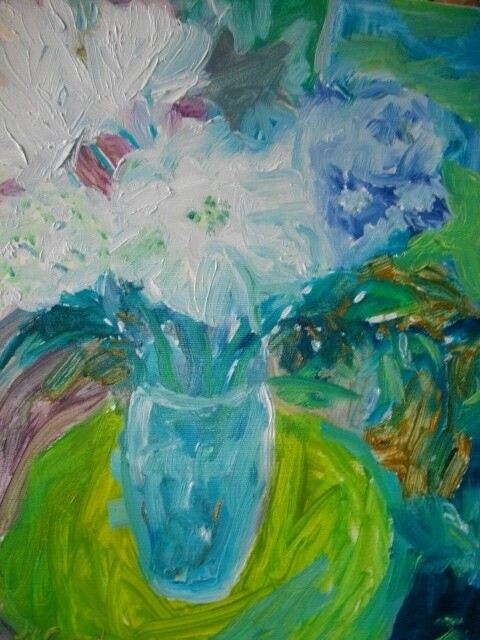 Painting titled "Fleurs dans un vase…" by Madeleine Gendron, Original Artwork, Oil