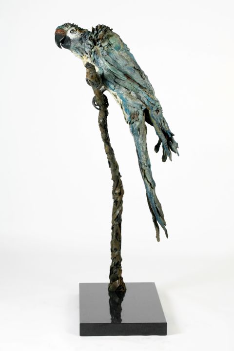 Sculptuur getiteld "Parrot on a branch" door Madeleine Van Der Knoop, Origineel Kunstwerk, Metalen