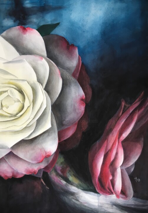 Painting titled "Camelias" by Madeline Berger (MadB), Original Artwork, Watercolor