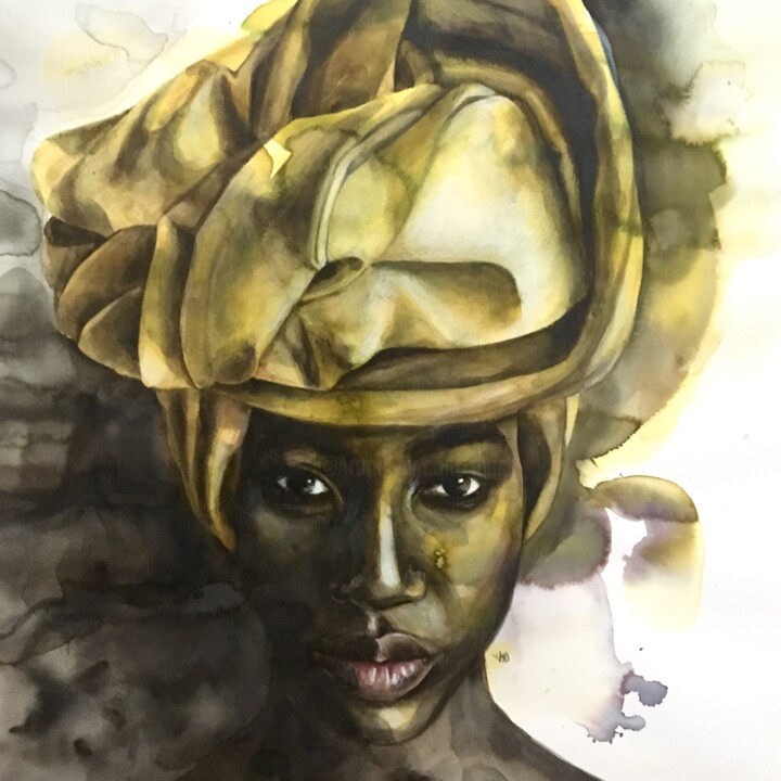 Painting titled "Yellow turban" by Madeline Berger (MadB), Original Artwork, Watercolor