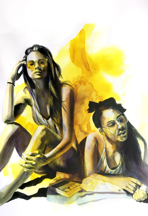 Painting titled "Les muses jaunes" by Madeline Berger (MadB), Original Artwork, Watercolor