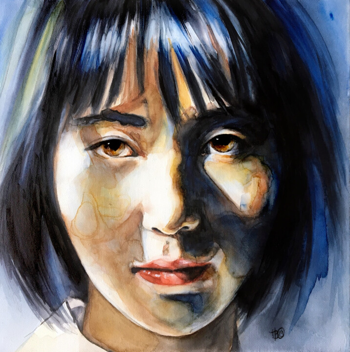 Painting titled "Femme bleue" by Madeline Berger (MadB), Original Artwork, Watercolor