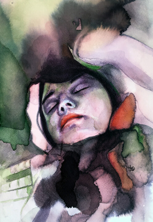 Peinture intitulée "L'endormie" par Madeline Berger (MadB), Œuvre d'art originale, Aquarelle