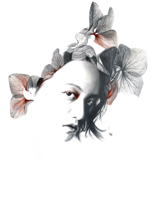 Рисунок под названием "Botanic face 1" - Madeline Berger (MadB), Подлинное произведение искусства, Карандаш