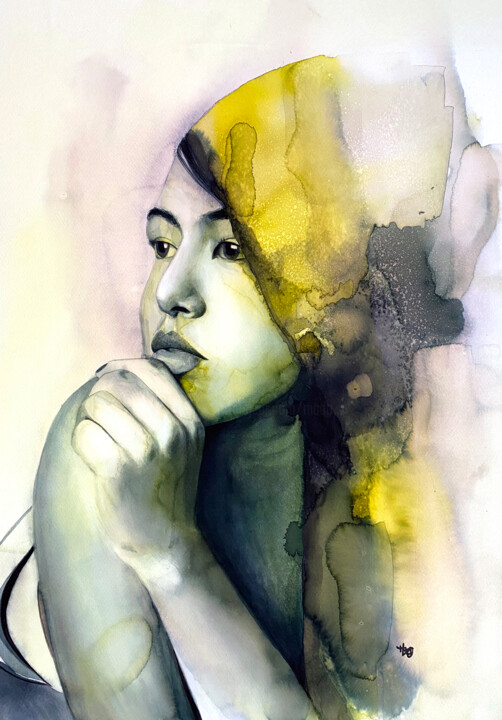 Ζωγραφική με τίτλο "Femme au turban jau…" από Madeline Berger (MadB), Αυθεντικά έργα τέχνης, Ακουαρέλα