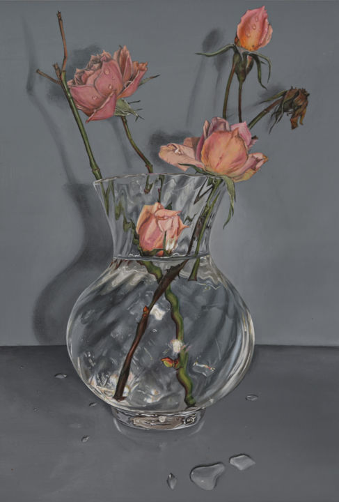Painting titled "Vase of Roses" by Madeline Parker, Original Artwork, Acrylic