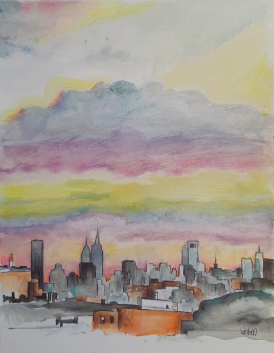 Painting titled "" New York skyfall"" by Mademoiselle Solenn, Original Artwork, Watercolor