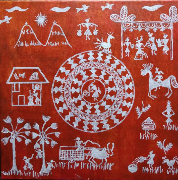 Картина под названием "Warli Painting" - Madhumitha Vasu, Подлинное произведение искусства, Акрил