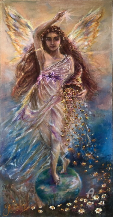 Painting titled ""Angel of Fortune"" by Madina Tairova, Original Artwork, Oil Mounted on Wood Stretcher frame