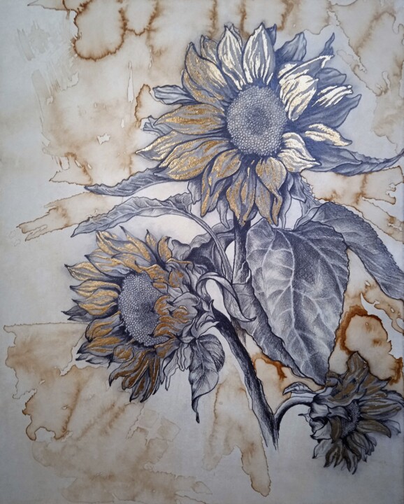 Drawing titled "Sunflowers" by Madlen Fox, Original Artwork, Charcoal