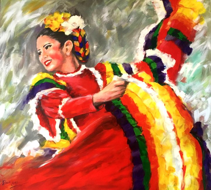 Painting titled ""Folclor Mexicana" 1" by Magdalena Rochoń, Original Artwork, Acrylic