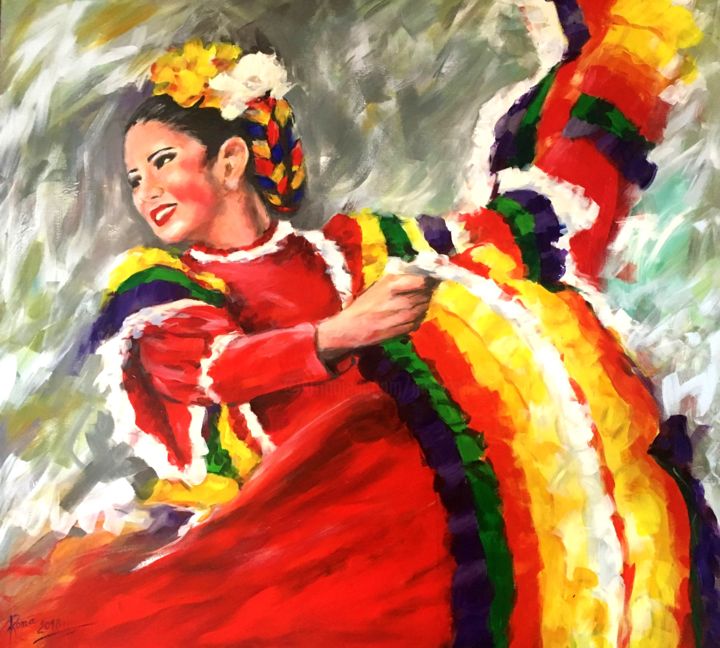 Painting titled ""Folclor Mexicana" 1" by Magdalena Rochoń, Original Art, Acrylic