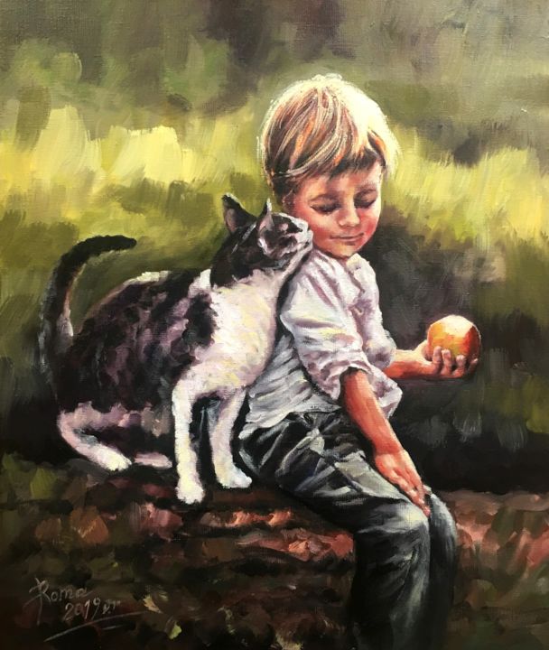Pintura titulada ""Jabłuszko dla kotk…" por Magdalena Rochoń, Obra de arte original, Oleo