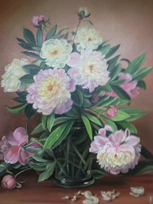 Peinture intitulée "Bouquet pivoines" par Mael, Œuvre d'art originale, Huile