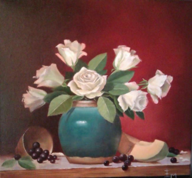 Painting titled "Roses blanches" by Mael, Original Artwork, Oil