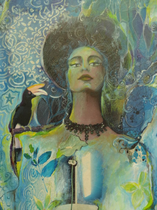 Painting titled "femme à l'oiseau no…" by Mael Merle, Original Artwork