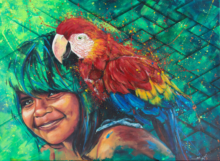 Schilderij getiteld "Amazonie 2" door Magali Angot (Mangot), Origineel Kunstwerk, Acryl Gemonteerd op Frame voor houten bran…