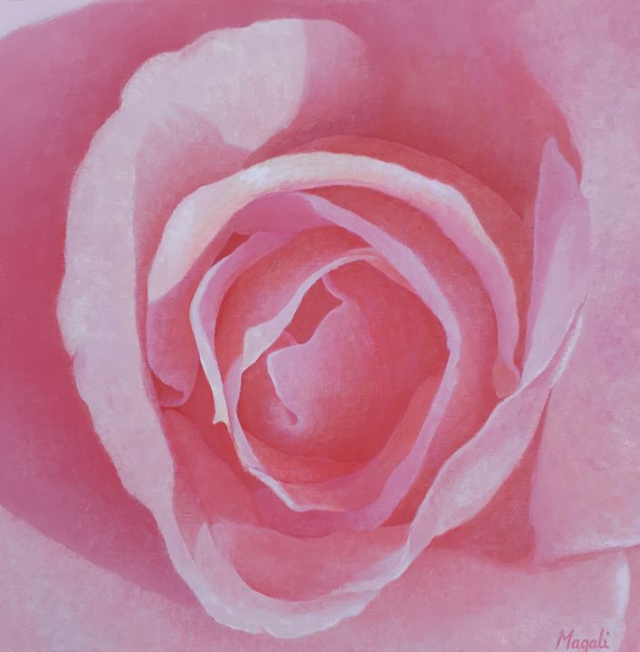 Painting titled "Pink Rose" by Magali Augris, Original Artwork, Acrylic Mounted on Wood Stretcher frame