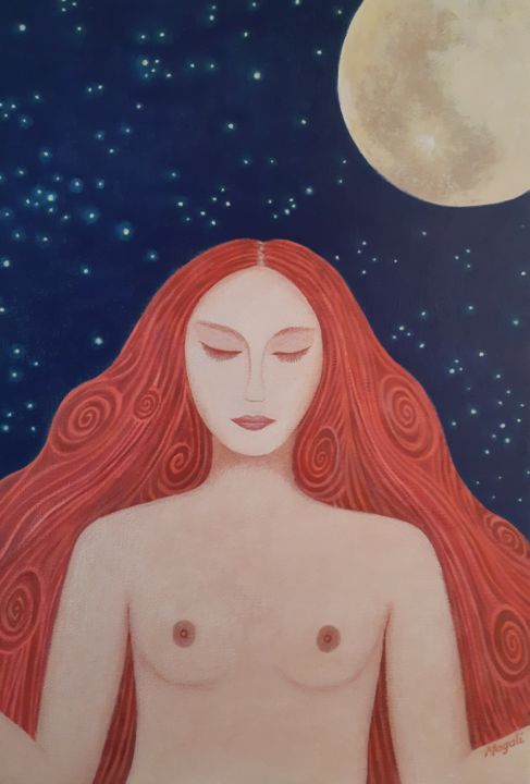 Painting titled "Femme nue écoutant…" by Magali Augris, Original Artwork, Acrylic Mounted on Wood Stretcher frame