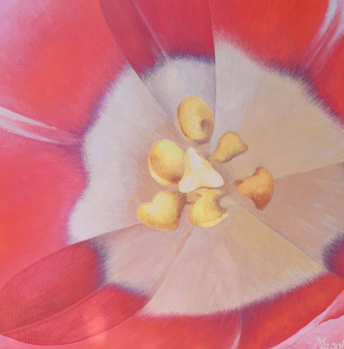 Malarstwo zatytułowany „Tulipe au coeur” autorstwa Magali Augris, Oryginalna praca, Akryl Zamontowany na Drewniana rama noszy