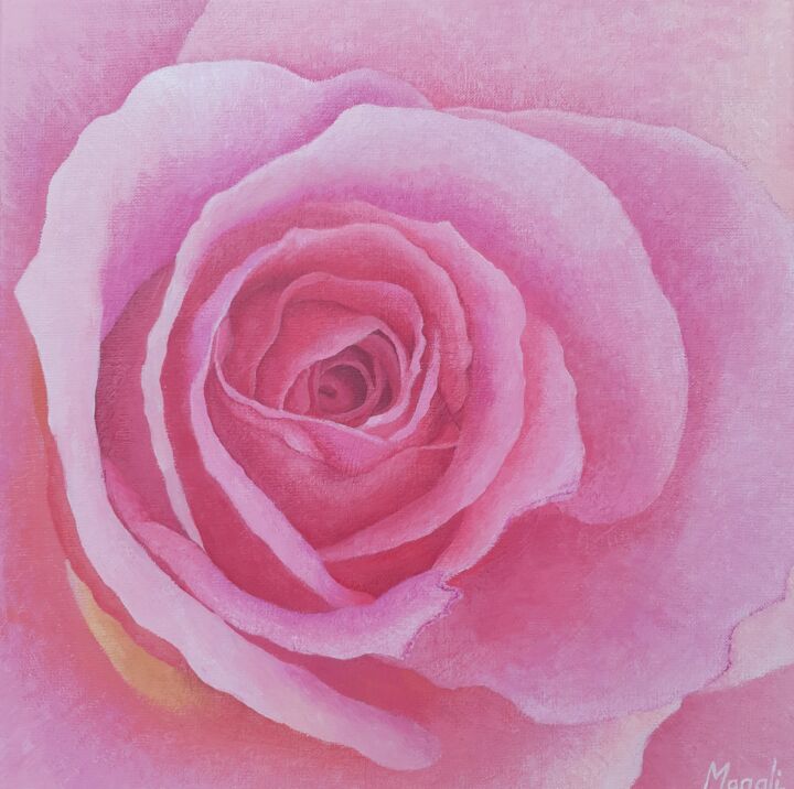 Peinture intitulée "Coeur de rose rose" par Magali Augris, Œuvre d'art originale, Acrylique Monté sur Châssis en bois