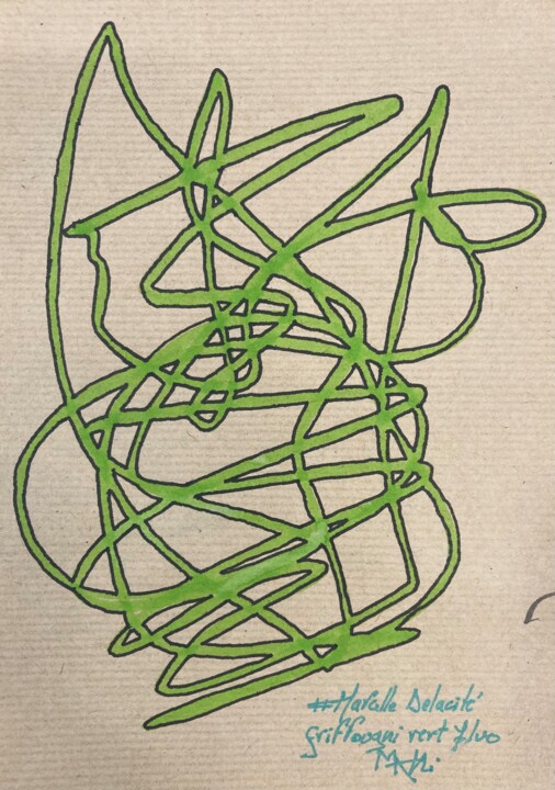 Desenho intitulada "Griffougni vert fluo" por Marcelle Delacité, Obras de arte originais, Tinta