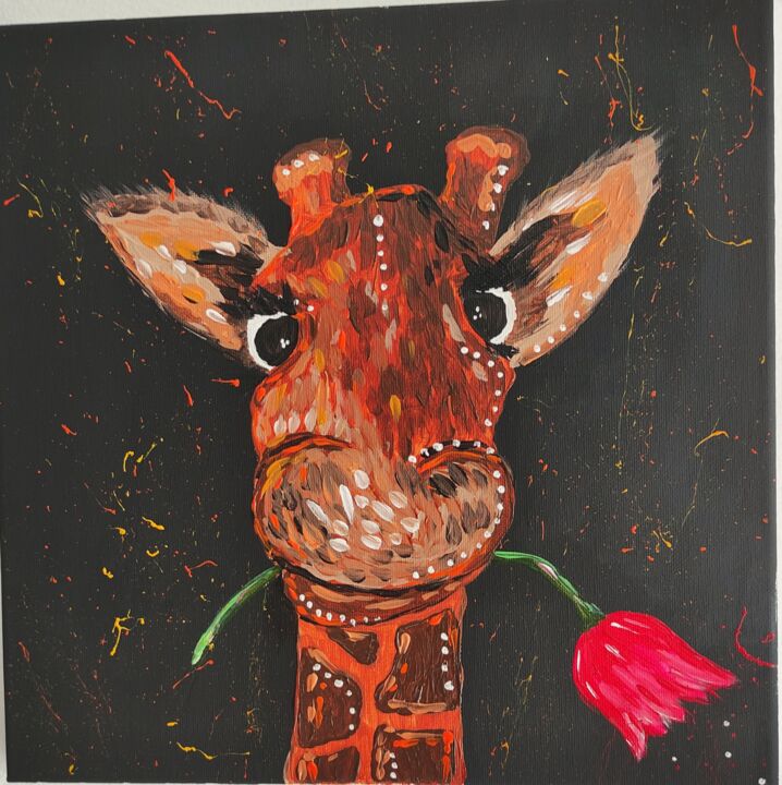 Peinture intitulée "Girafe à la tulipe" par Skippyart, Œuvre d'art originale, Acrylique
