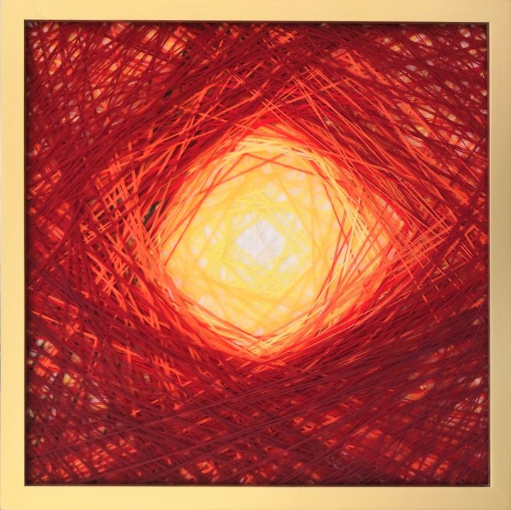 Textile Art με τίτλο "Słońce" από Magdalena Kulawik, Αυθεντικά έργα τέχνης, String Art Τοποθετήθηκε στο Ξύλινο πάνελ