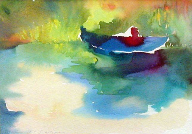 Painting titled "green boat" by Magdalena Gintowt-Juchniewicz, Original Artwork, Watercolor