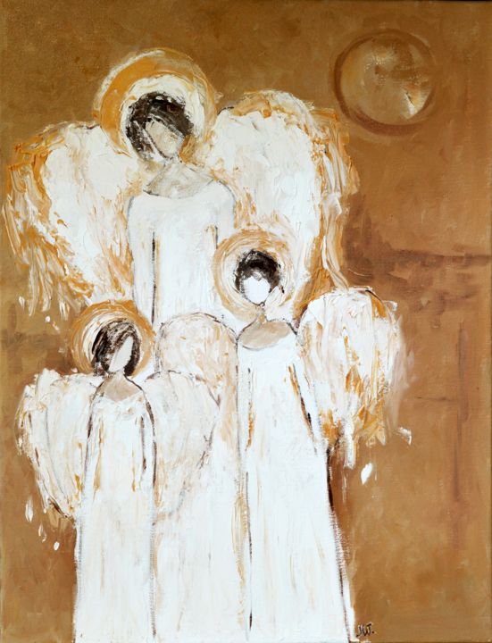 Painting titled "Three Angels Guardi…" by Magdalena Walulik, Original Artwork, Oil Mounted on Wood Stretcher frame