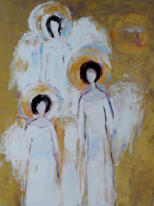 Painting titled "Angel White Guardia…" by Magdalena Walulik, Original Artwork, Oil Mounted on Wood Stretcher frame