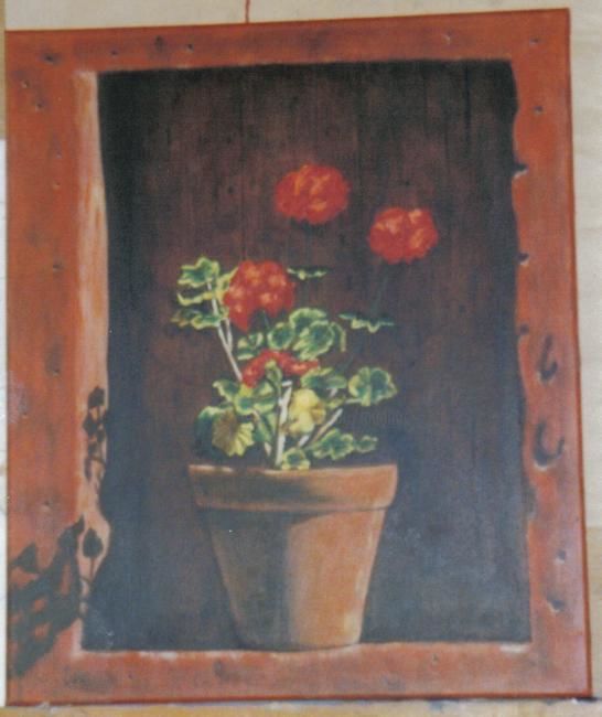 Картина под названием "Géraniums" - Marguerite Rodriguez, Подлинное произведение искусства, Масло