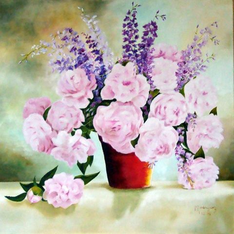 Painting titled "bouquet-de-pivoines" by Marguerite Rodriguez, Original Artwork, Oil