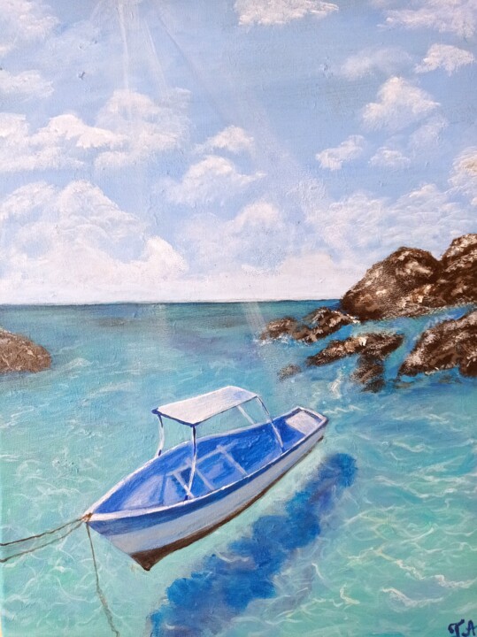 제목이 "Яхта в море"인 미술작품 Alina Tagzieva로, 원작, 아크릴 목재 패널에 장착됨