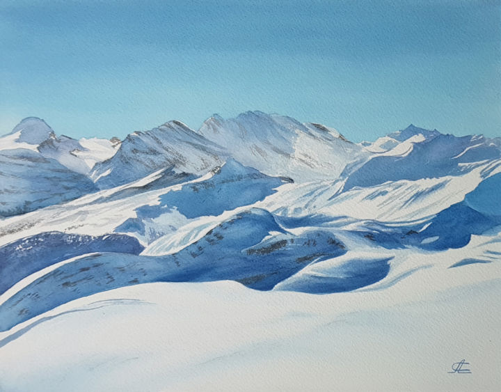 Schilderij getiteld "Snowy mountain land…" door Svetlana Lileeva, Origineel Kunstwerk, Aquarel