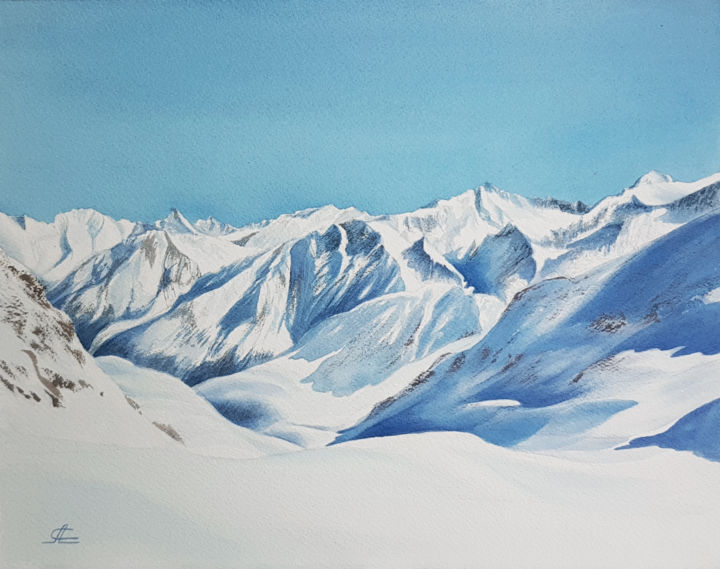 Painting titled "Snowy mountain land…" by Svetlana Lileeva, Original Artwork, Watercolor